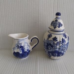 Delft Blue Hand Painted Small Ceramic -  Creamer Pitcher and Ginger Jar